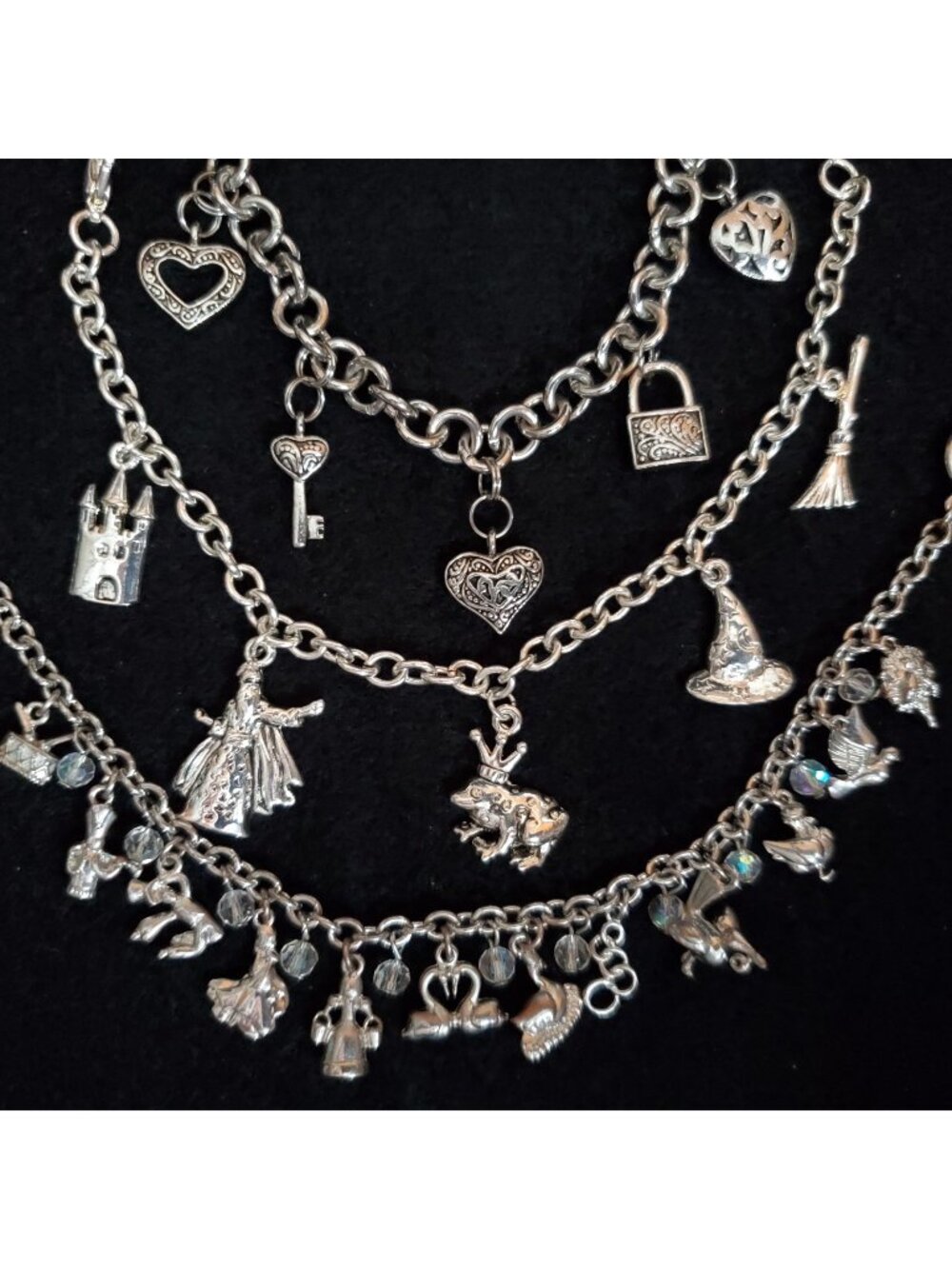 Charm Bracelet Lot of 3 Silver Tone Hearts Christmas Fairytale 6.5-7.5"